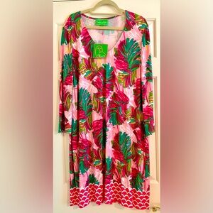 Pappagallo XL long sleeve summer dress NWT pink and green tropical print
